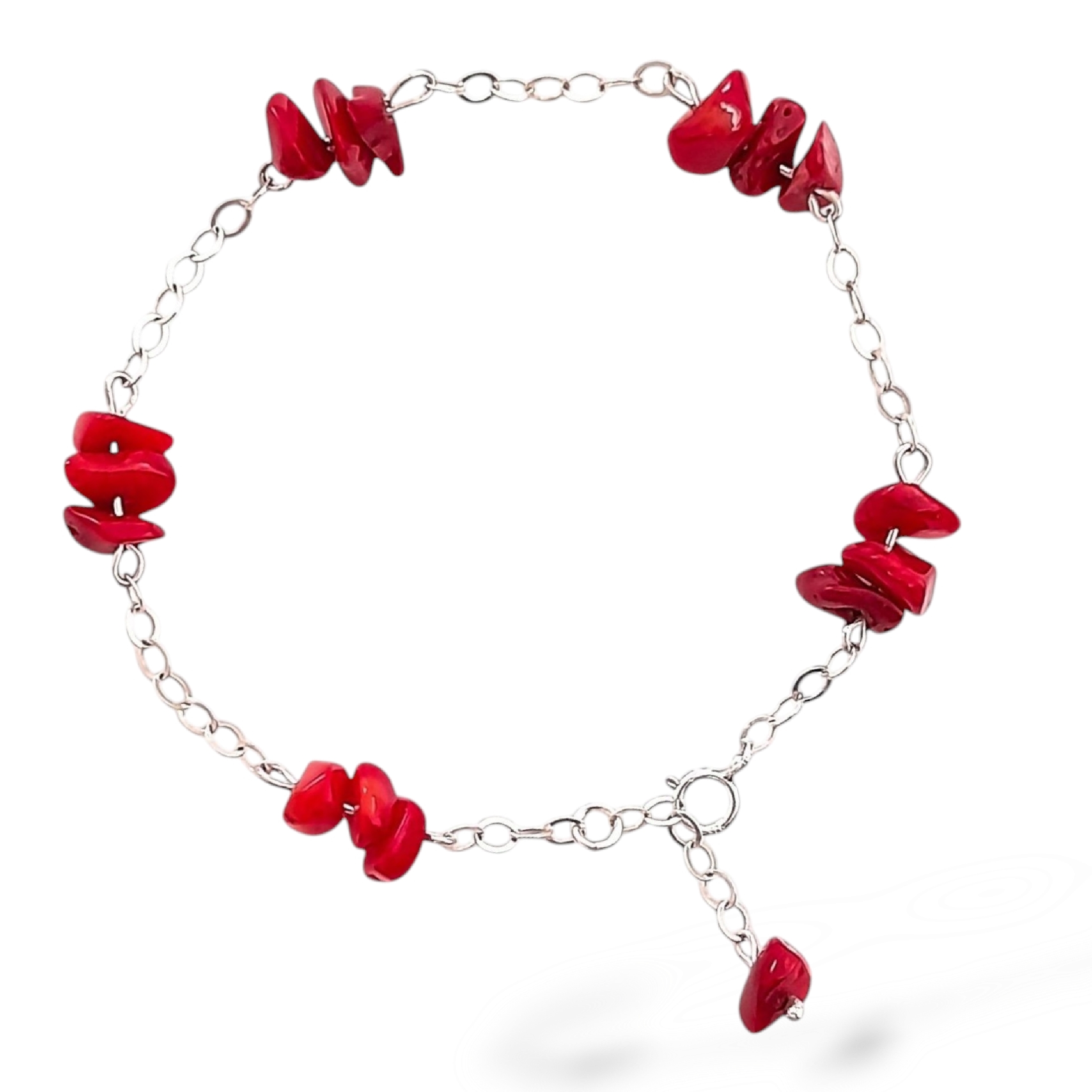 Pulsera Chip De Coral Rojo En Plata Ley .925