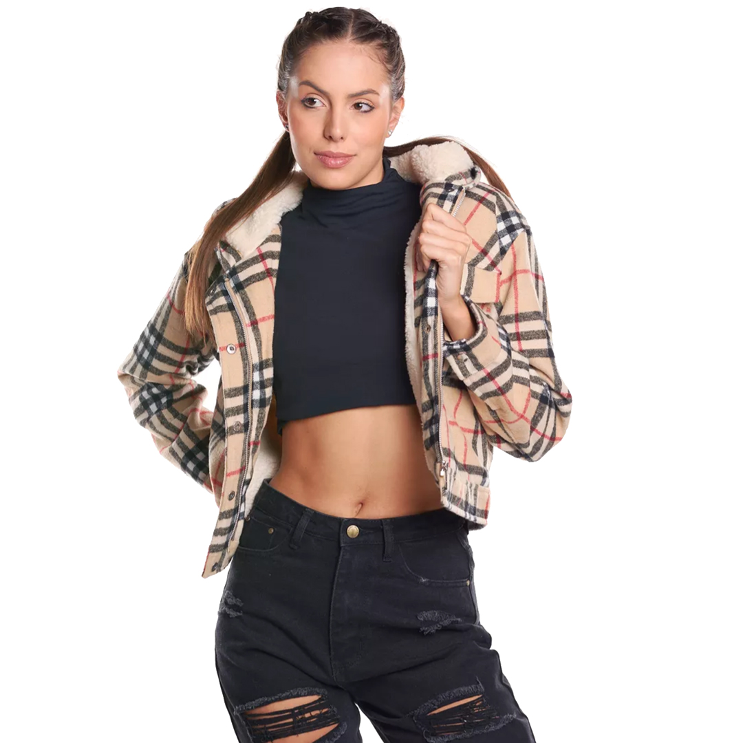 Chamarra cropped Mujer a cuadros tipo torera .