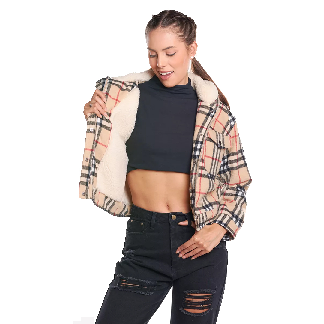 Chamarra cropped Mujer a cuadros tipo torera .