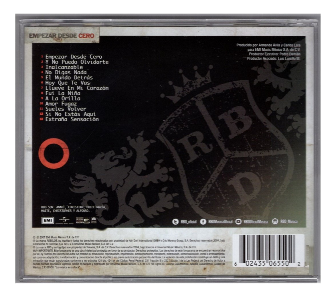 Empezar Desde Cero - Rbd Rebelde - Disco Cd 13 Canciones.