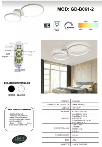 Candil De Led 2 Aros Modernista Para Techo Leon Negro