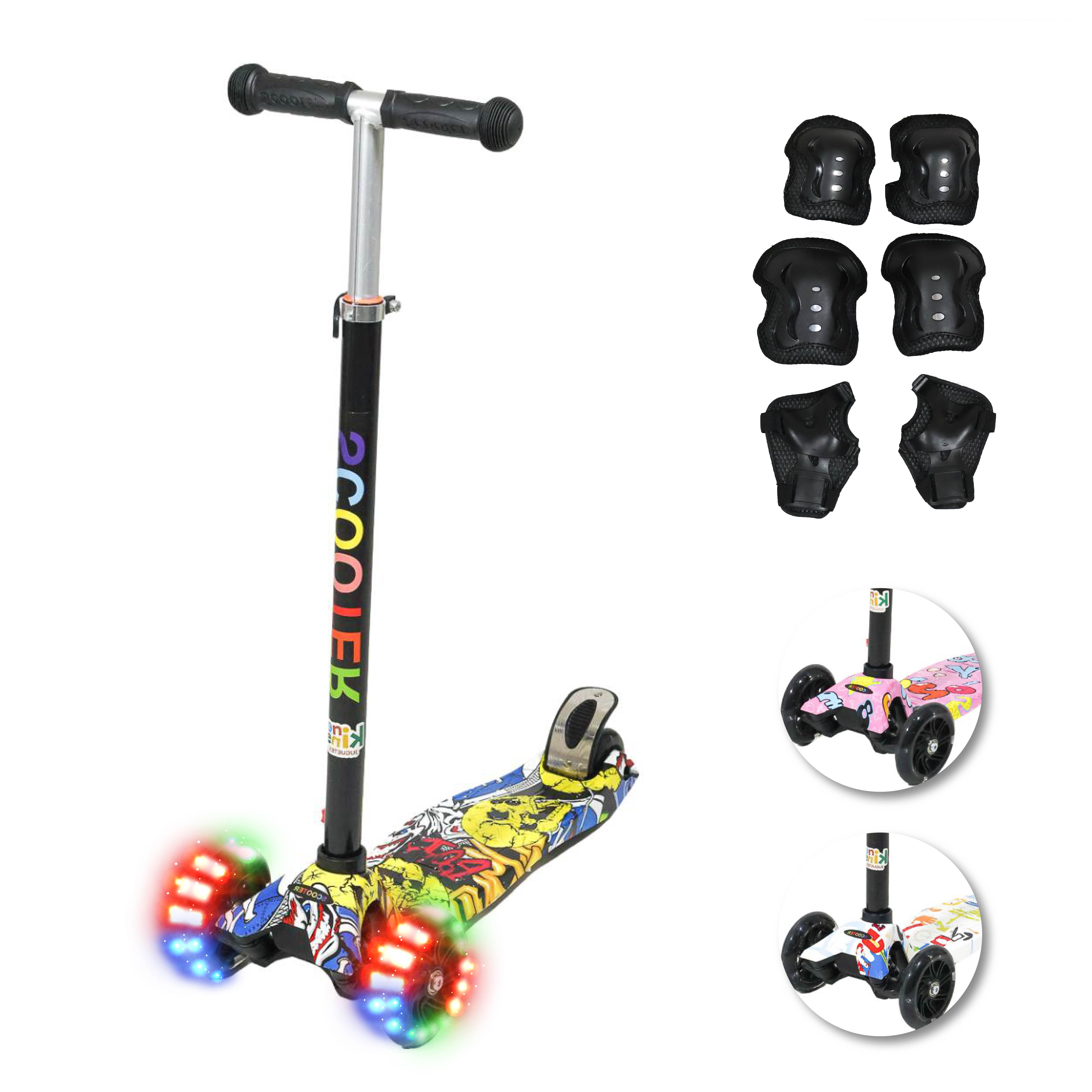 Scooter Patín Del Diablo Grafiti Con Luces Led Rodilleras Y Coderas Color Negro