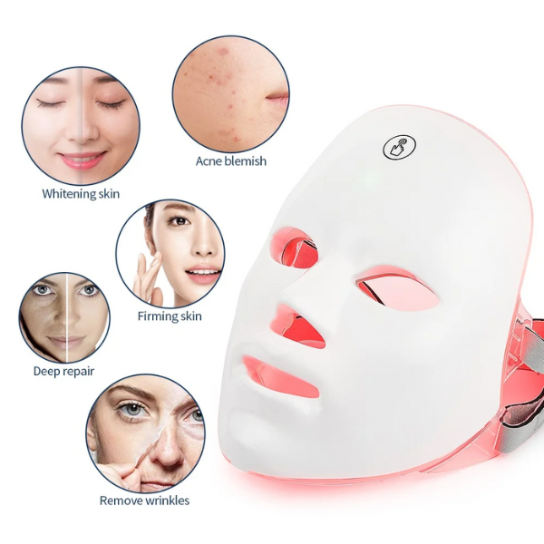 Mascarilla Facial LED Recargable, Máscara de belleza de terapia de fotones LED de 7 colores, Rejuvenecimiento de la Piel