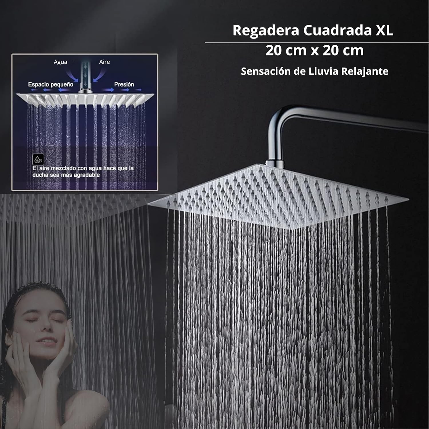 Regadera Cuadrada de 8 pulgadas (20 x 20 cm) con Tubo de 40 cm en Acero Inoxidable