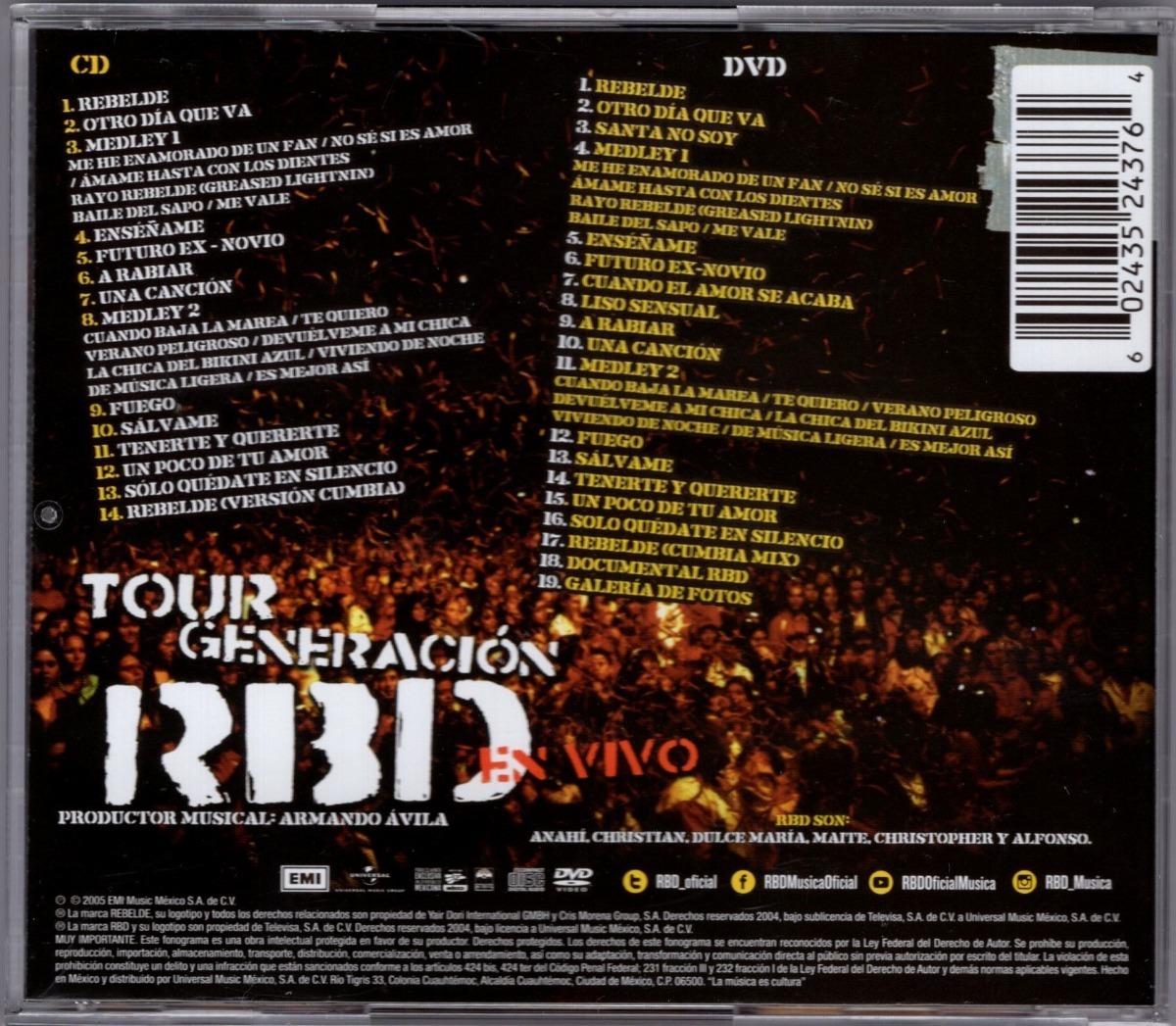 Rbd - Tour Generacion Rbd En Vivo Disco Cd + Dvd.