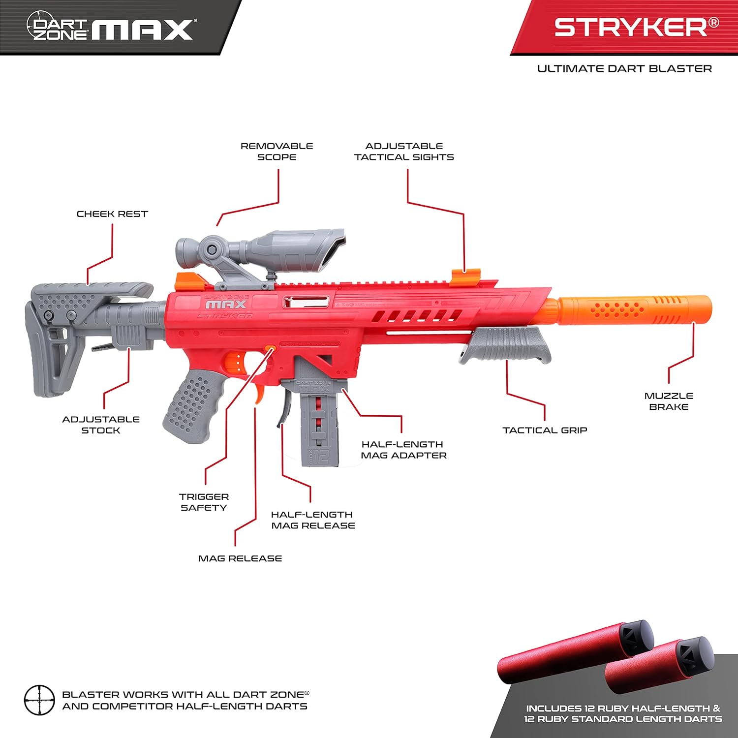 Pistola Lanzador Dart Zone MAX Stryker Ultimate Dart Blaster Rojo