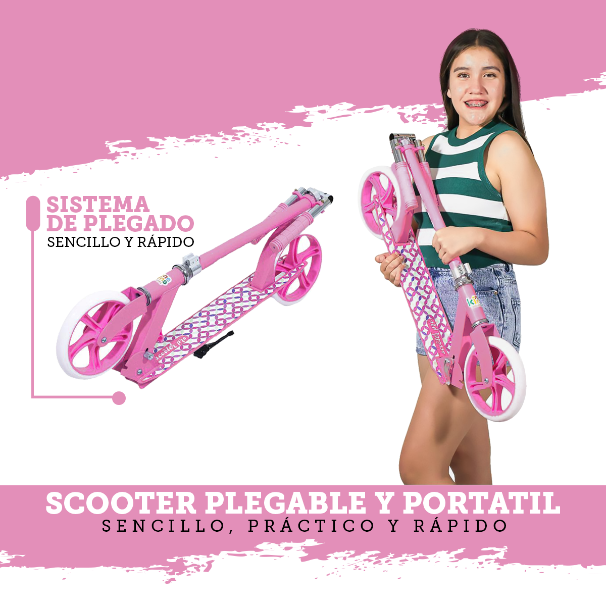Scooter Plegable Y Ajustable Patín Del Diablo Para Niños Y Adolescentes Color Rosa 