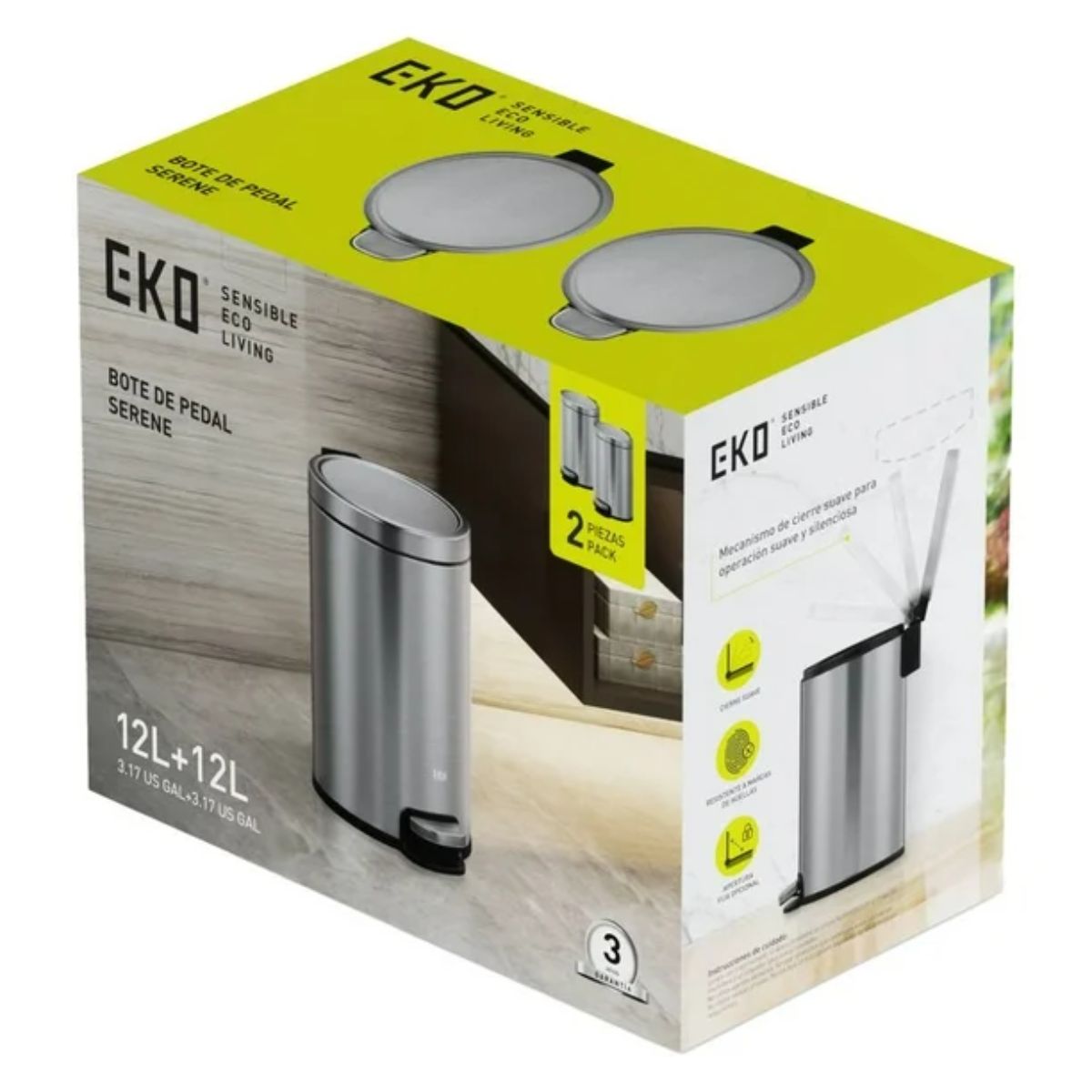 Par de Botes de Basura Eko Serene 12l c/u Pedal Acero Inoxidable Cepillado Cierre Suave