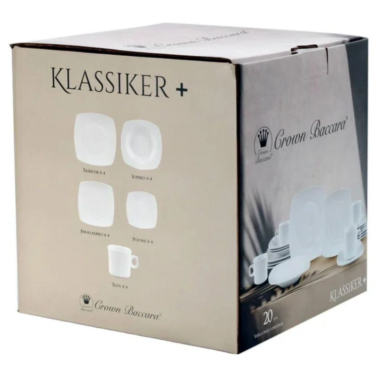 Vajilla Elegante Cuadrada Crown Baccara Klassiker Porcelana  de 20 Piezas