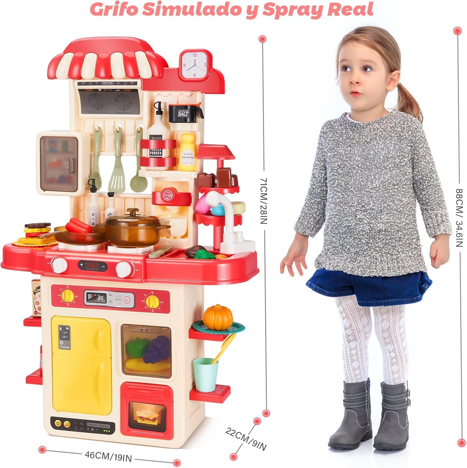 Cocina de Juguete para Niños 48 Piezas,Fregaderos de Juegos con Agua Corriente, Juego De Cocina con Luz Y Sonido Multicolor  Storyland Sh21095773