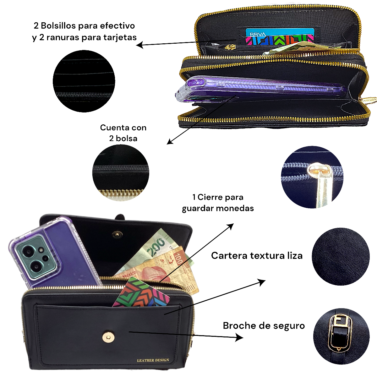 Cartera Dama Porta Celular Bolsa Ajustable 2 Cierres