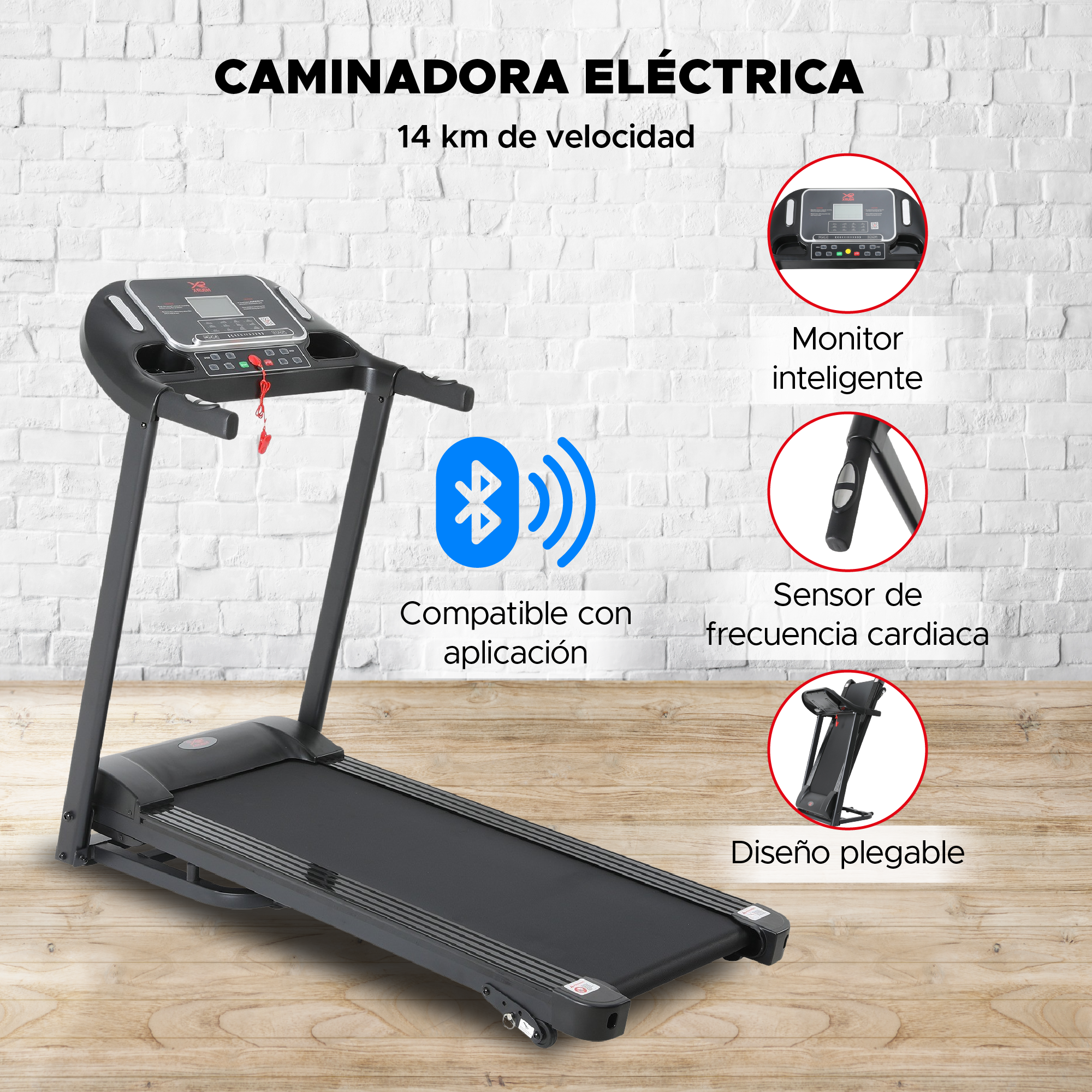 Caminadora X-RUSH Plegable y Compacta con Velocidad Ajustable hasta 14 km/h y Pantalla LCD