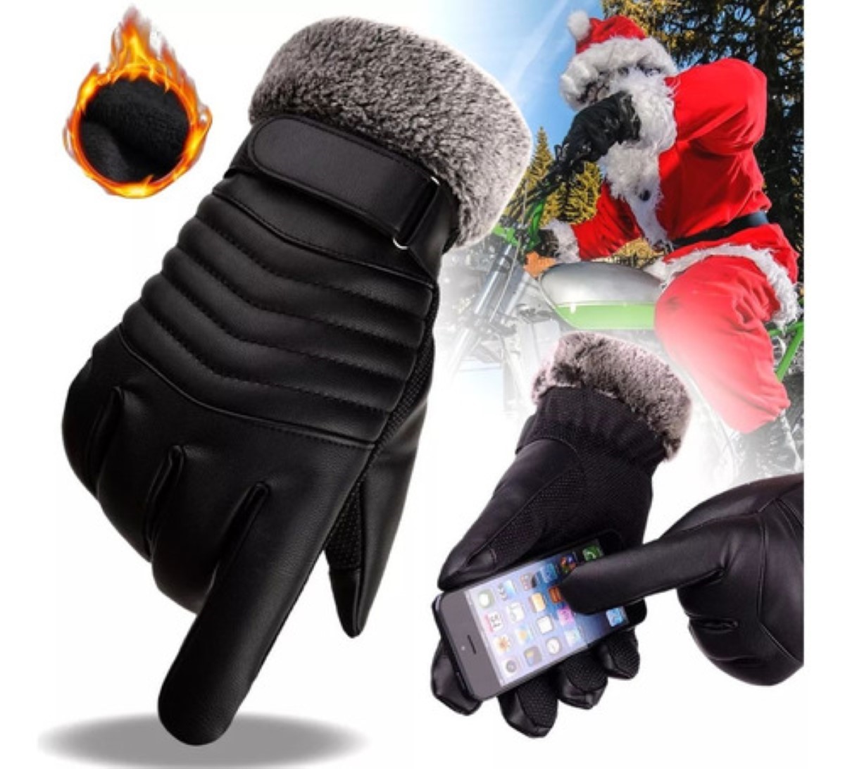 Guantes De Cuero Térmicos Impermeables Frio Para Moto Bici NEGRO TIPO PIEL