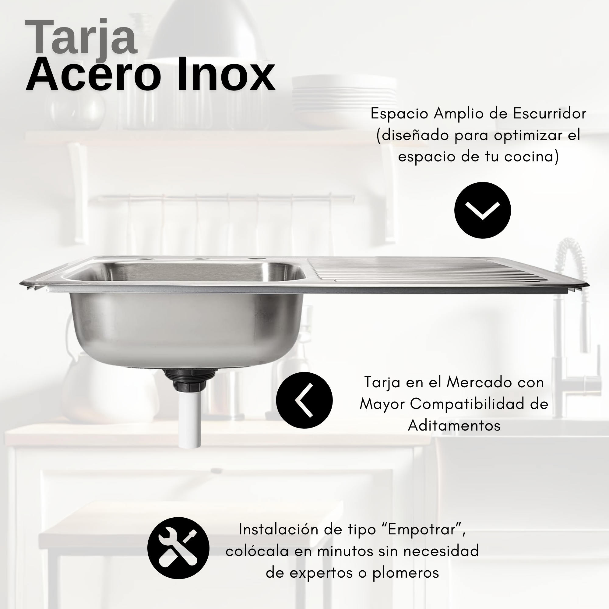 MEER Faucets by CNX | Tarja Sencilla con Escurridor en Acero Inoxidable para Cocina con Escurridor Derecho incluye Mezcladora Flexible con Dos Tipos de Chorro y Kit de Instalación