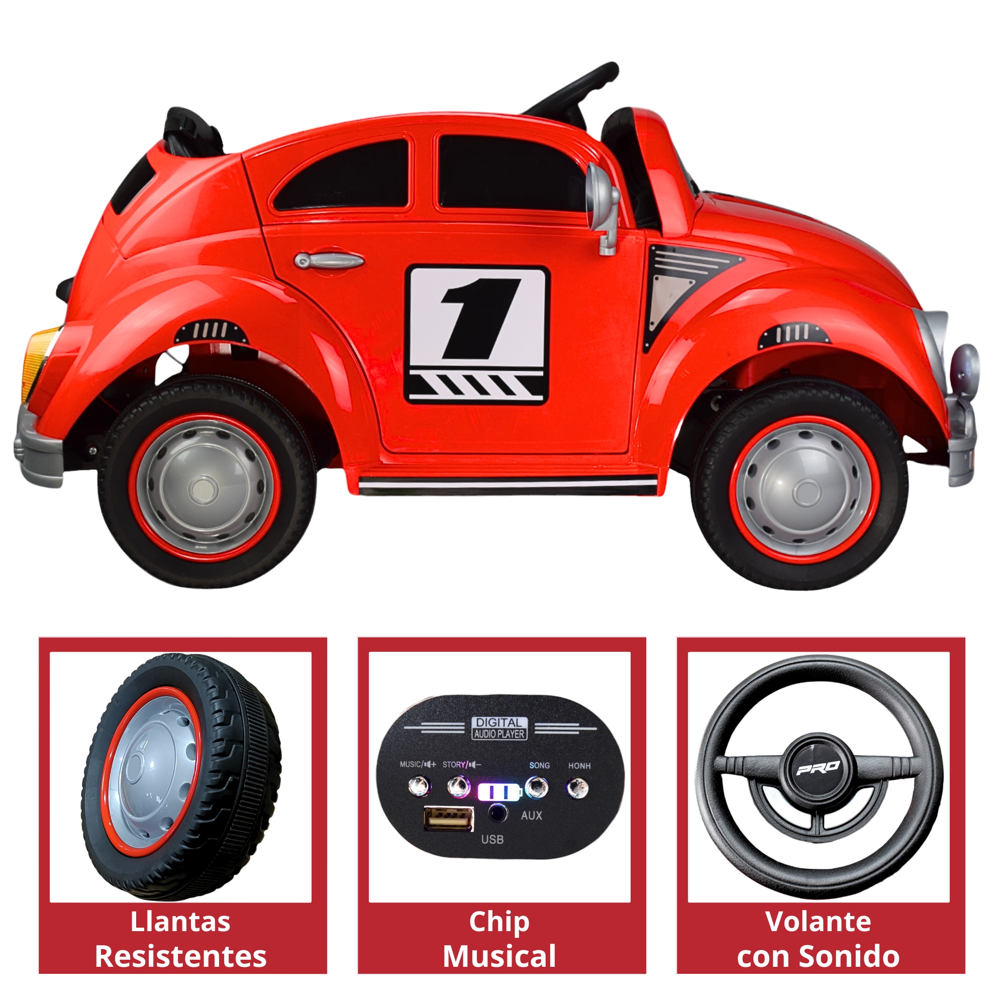 Montable para Niños Vocho Electrico Control Remoto luz 12V - ROJO