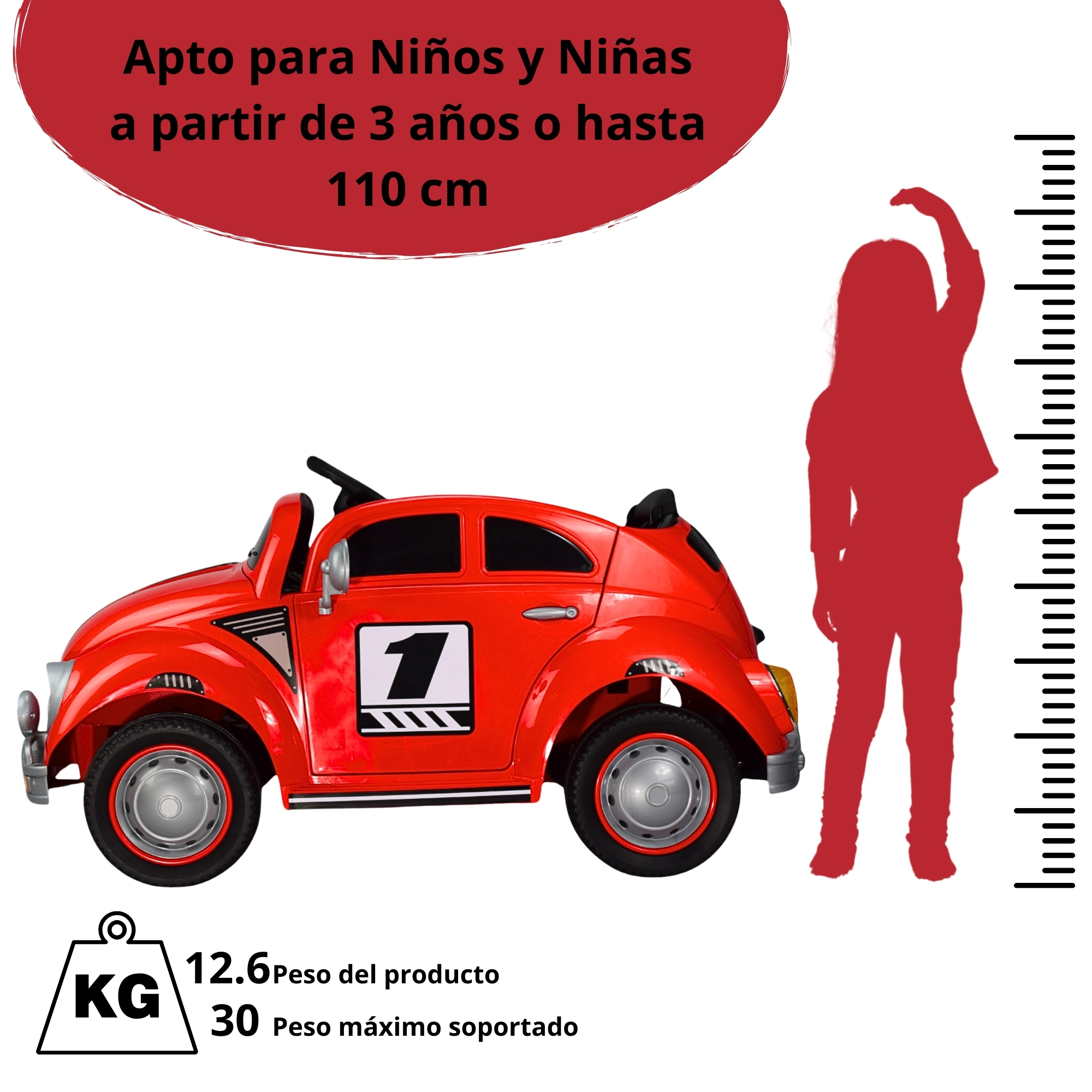 Montable para Niños Vocho Electrico Control Remoto luz 12V - ROJO