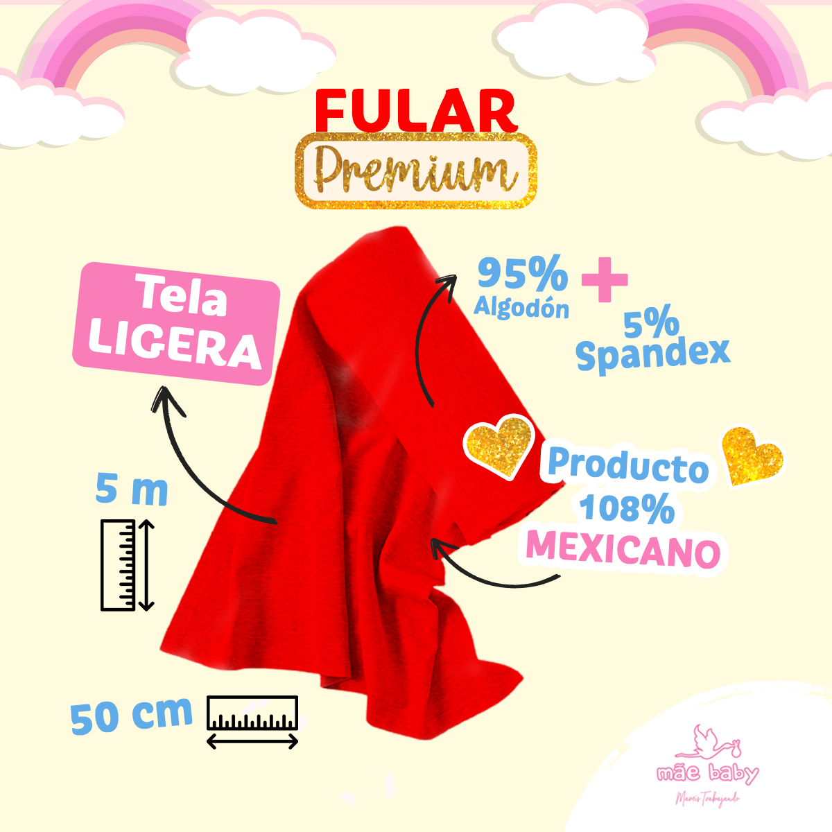 Mãe Baby Fular para bebé | Algodón Premium Fresco | 100% Hecho en México | Hasta 10kg (Rojo)