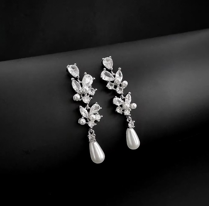 Aretes Largos Gota Perla Blanca Plata 925 Y Circonias