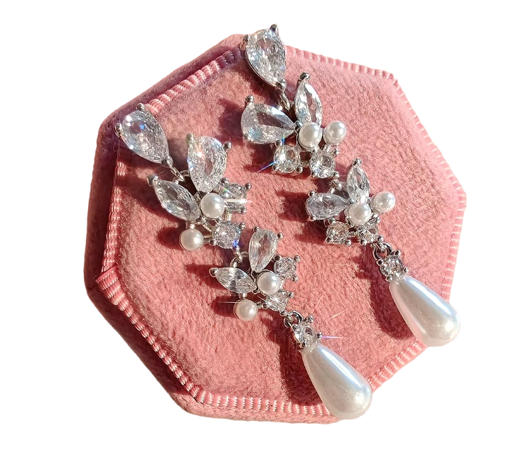 Aretes Largos Gota Perla Blanca Plata 925 Y Circonias