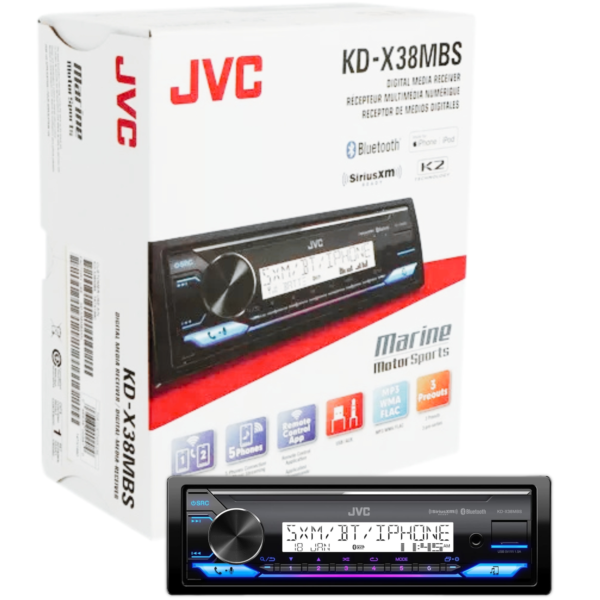 Receptor Estéreo Marino JVC KDX38MBS Bluetooth USB AM/FM