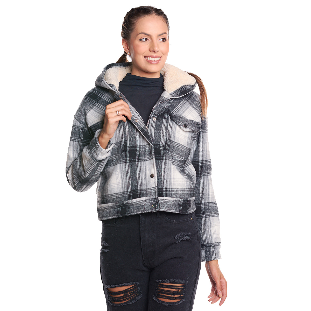Chamarra cropped Mujer a cuadros tipo torera .