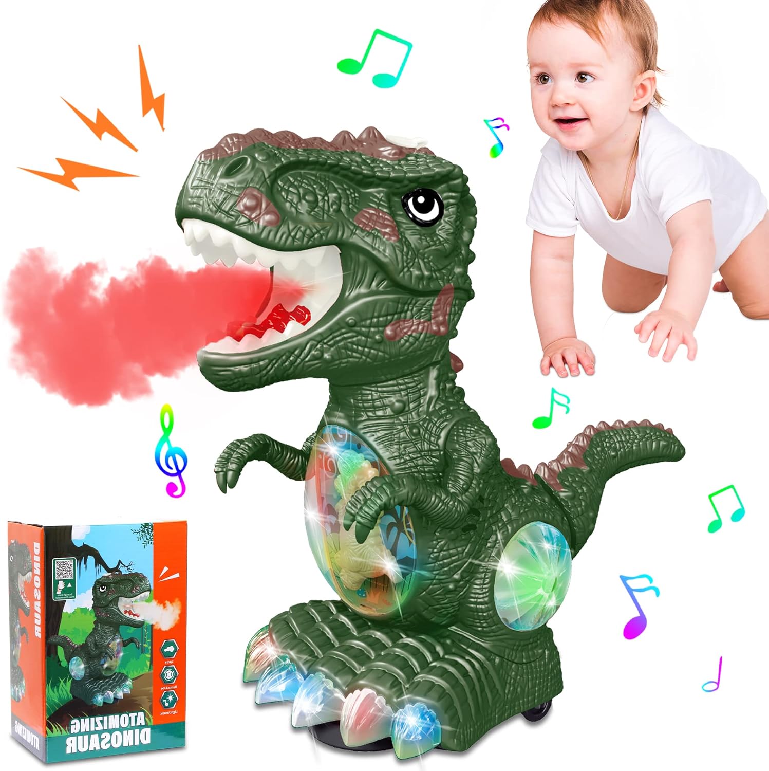Juguetes de dinosaurio para niños de 1 a 2 años, música de rugido y luces