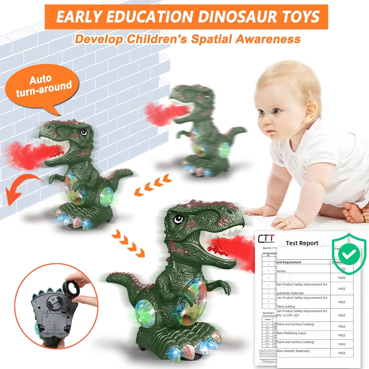 Juguetes de dinosaurio para niños de 1 a 2 años, música de rugido y luces