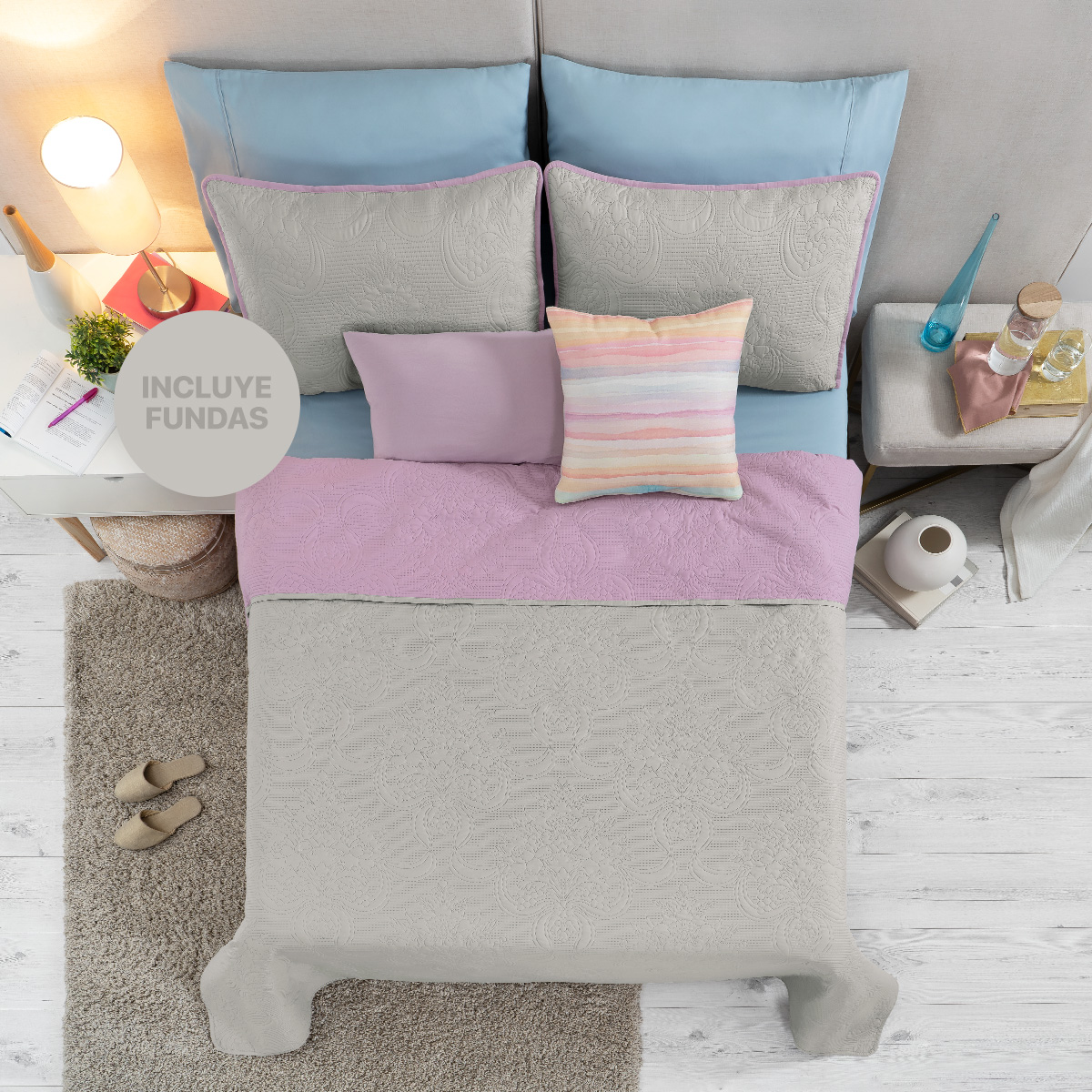 Edredón Ligero Queen Size Doble Vista con Funda Violeta - Gris REAL TEXTIL