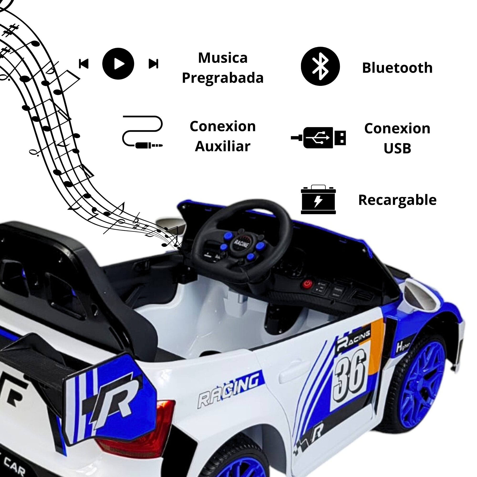 Montable Electrico para Niños Carro Rally con Control Remoto Sonido, Bluetooth, Luz Led, 12v-Azul