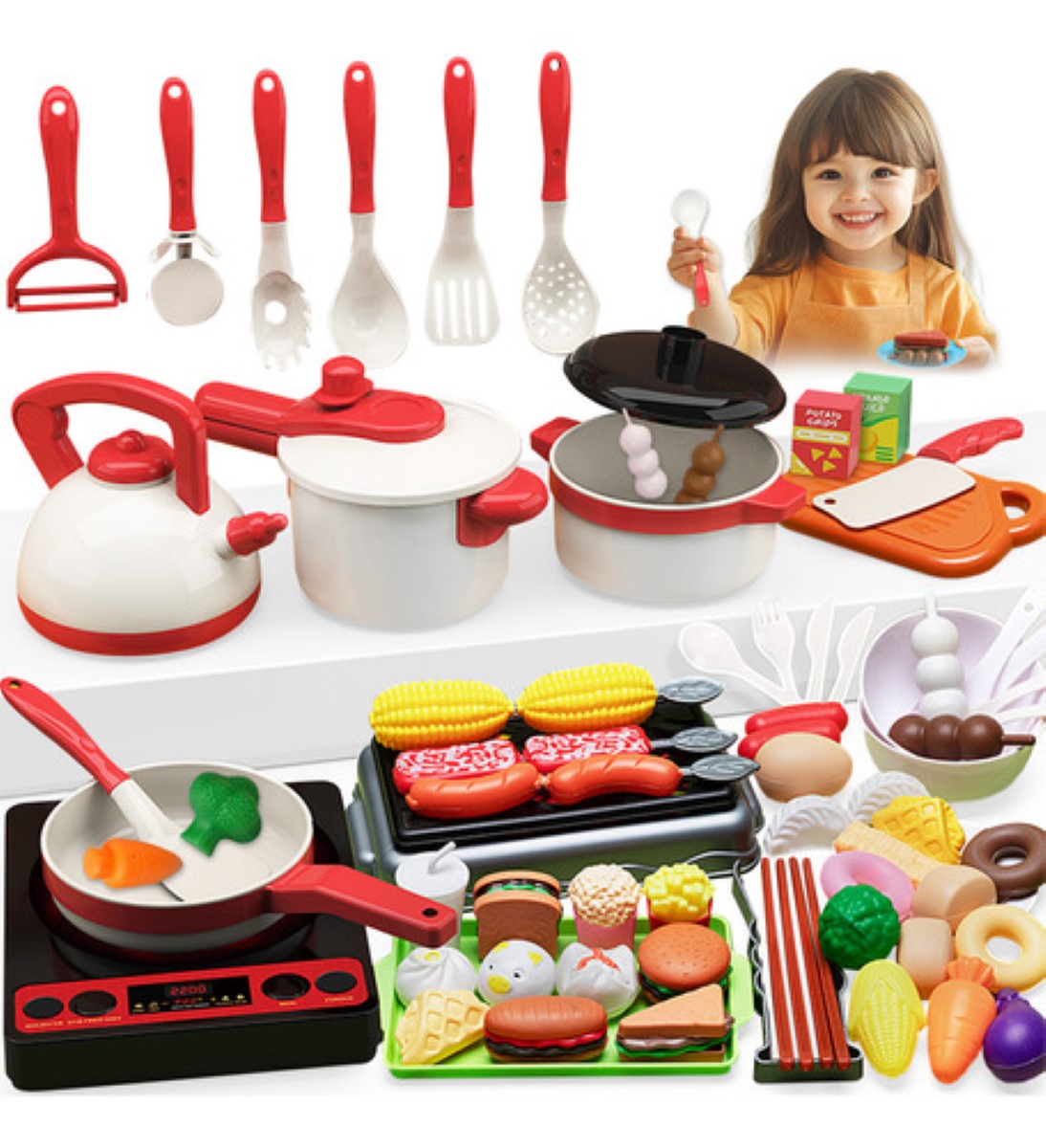 Juguetes De Cocina Para Niñas 73 p Con placa de inducción blanco rojo
