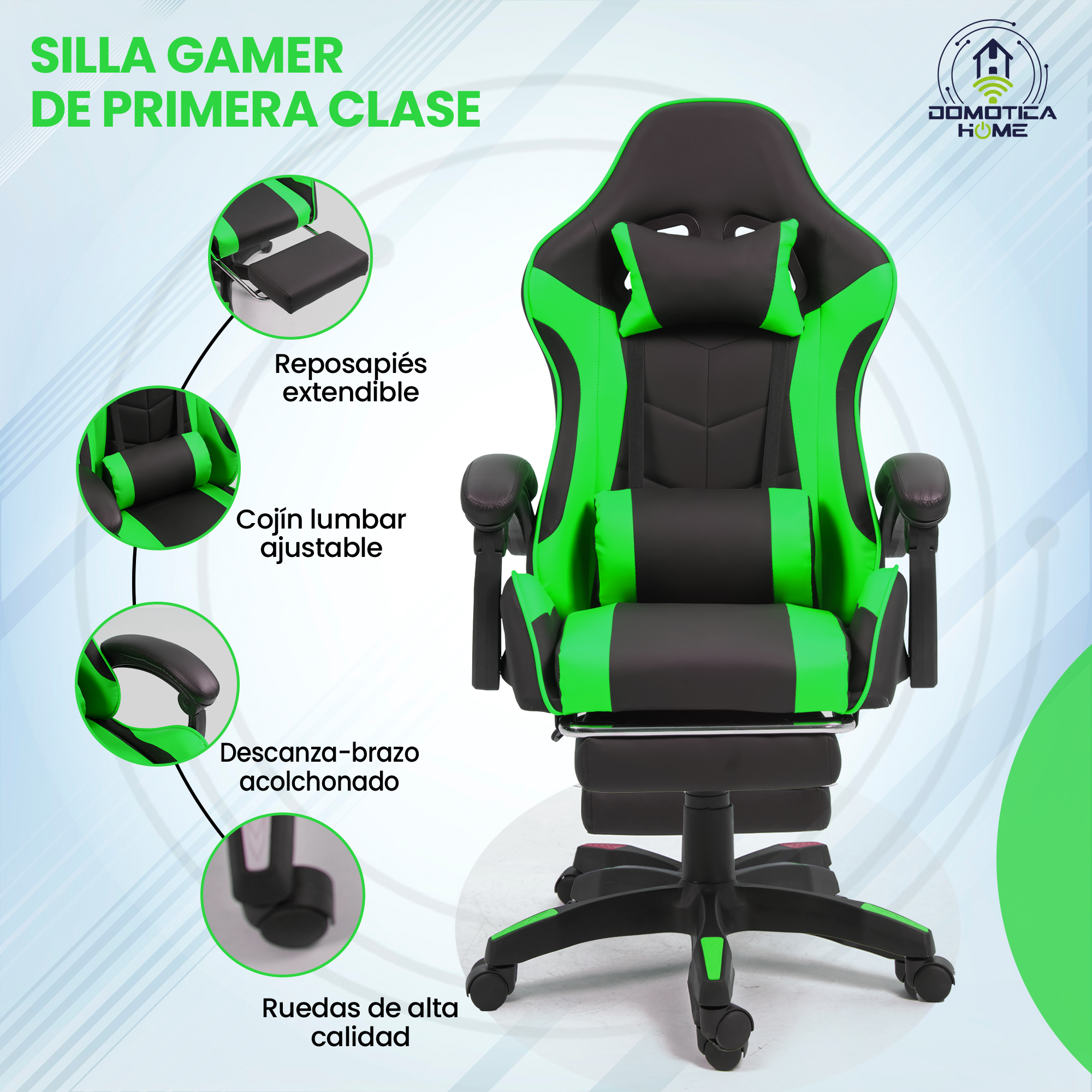 Silla Gamer/escritorio Verde Ergonómica Reclinable Con Reposapies