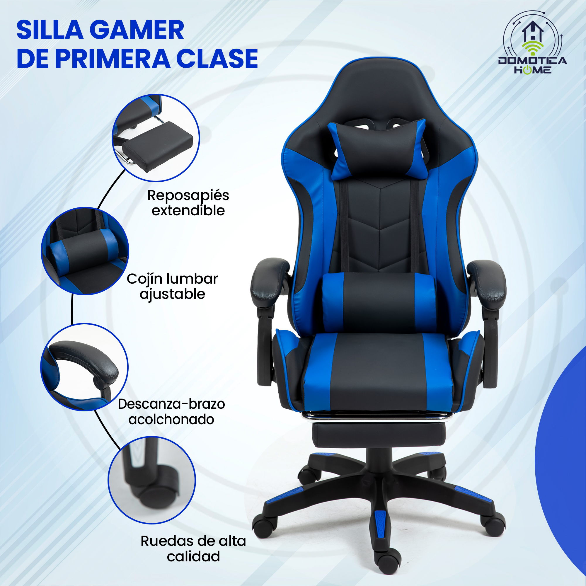 Silla Gamer/escritorio Azul  Ergonómica Reclinable Con Reposapies