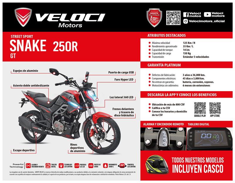 Motocicleta Veloci Snake GT 250 CC Rojo 2025