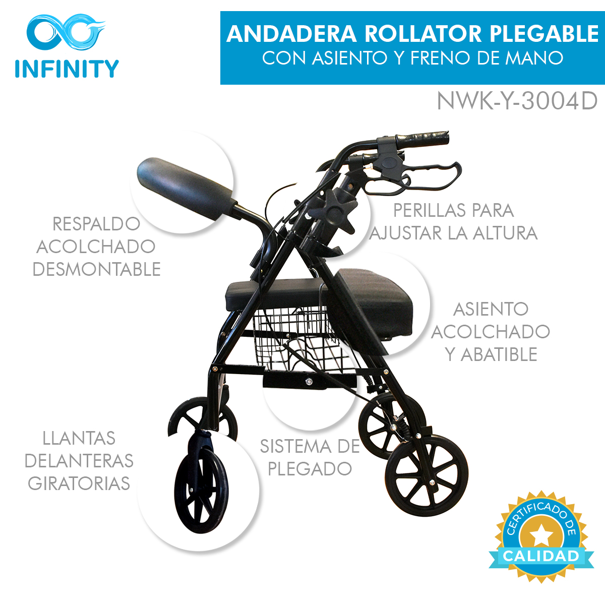 Andadera Rollator Infinity Plegable, Color Negro, Con Asiento Y Canastilla, Con Frenos En Manubrio