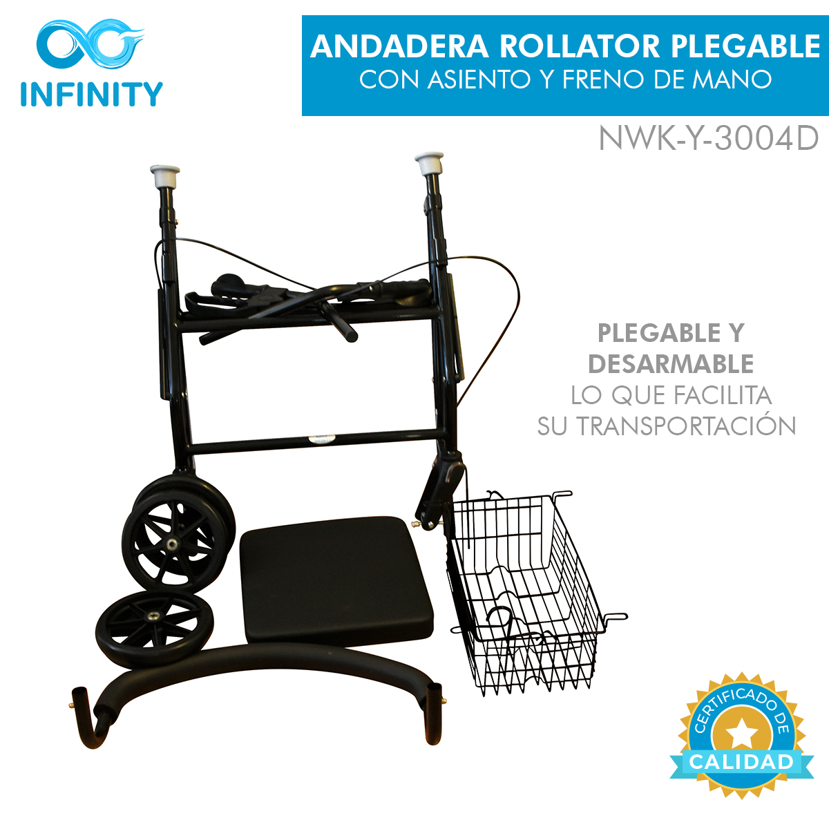 Andadera Rollator Infinity Plegable, Color Negro, Con Asiento Y Canastilla, Con Frenos En Manubrio
