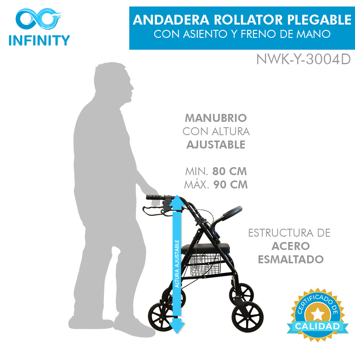 Andadera Rollator Infinity Plegable, Color Negro, Con Asiento Y Canastilla, Con Frenos En Manubrio