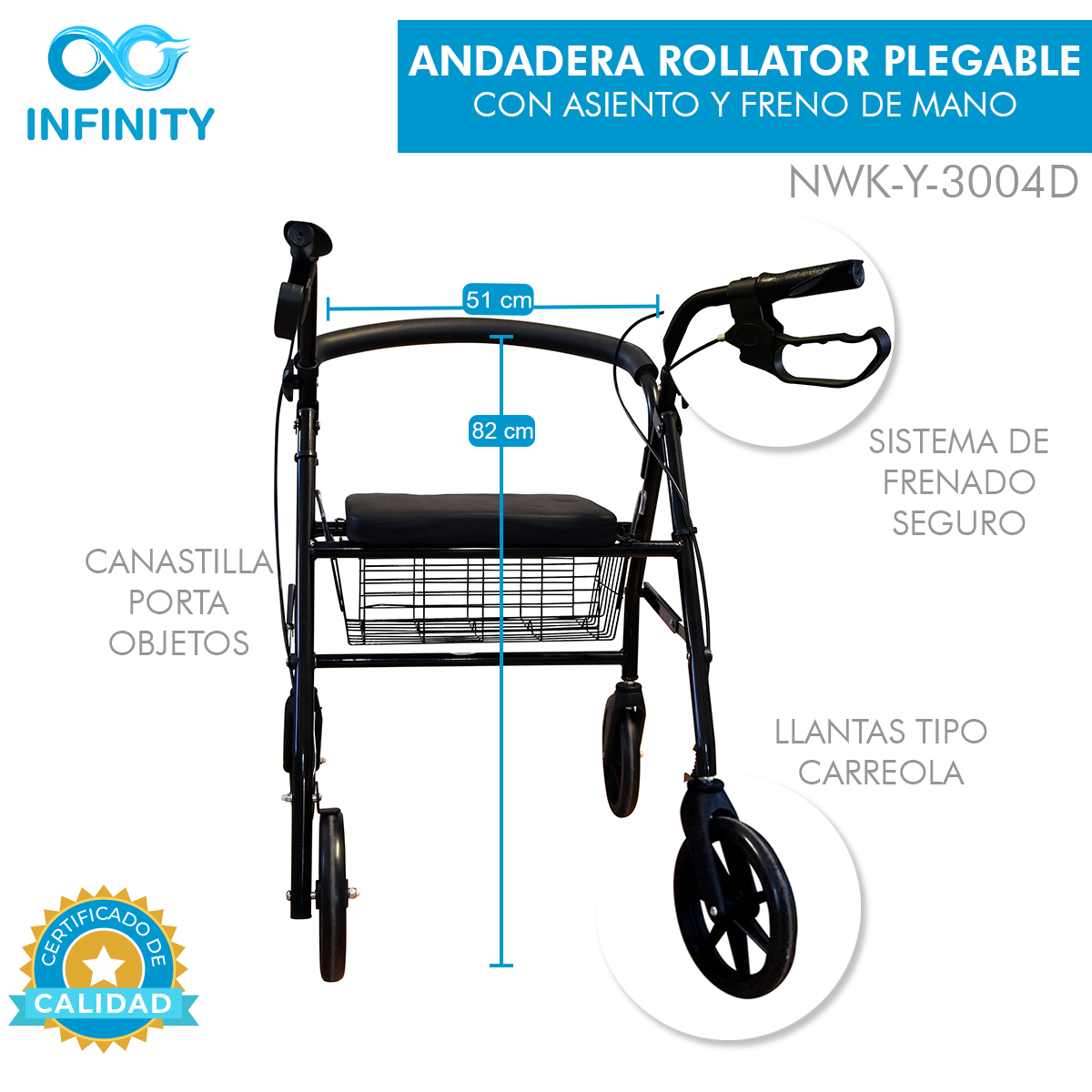 Andadera Rollator Infinity Plegable, Color Negro, Con Asiento Y Canastilla, Con Frenos En Manubrio