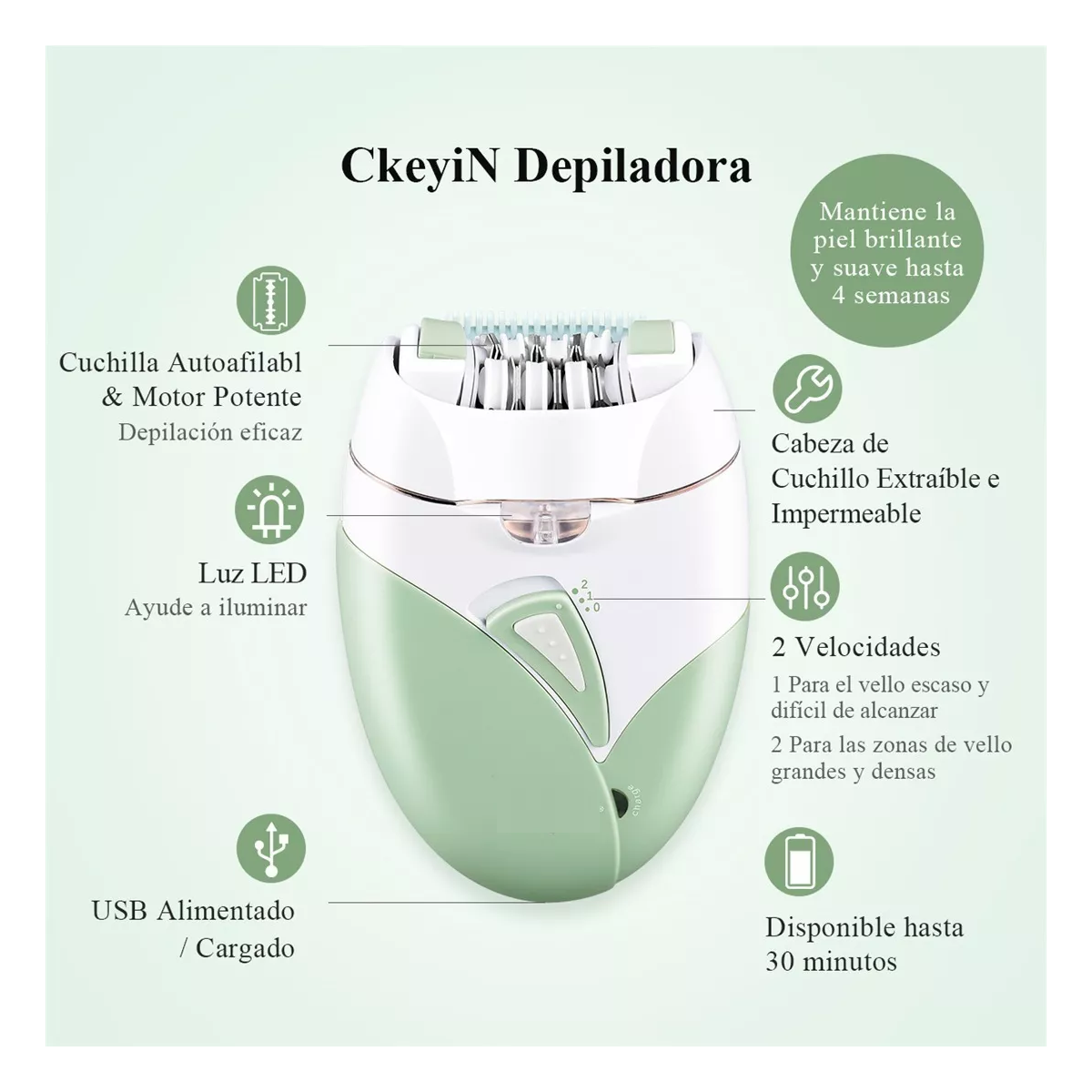 Depiladora Eléctrica Ckeyin Portátil Con Luz, Verde Claro
