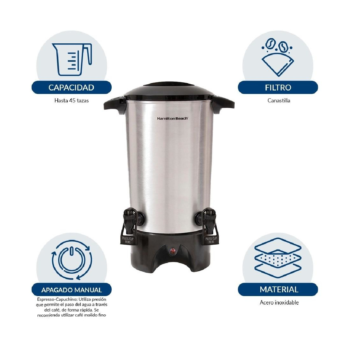 Cafetera Urna Hamilton Beach 45 Tazas Doble Llave Acero Inox