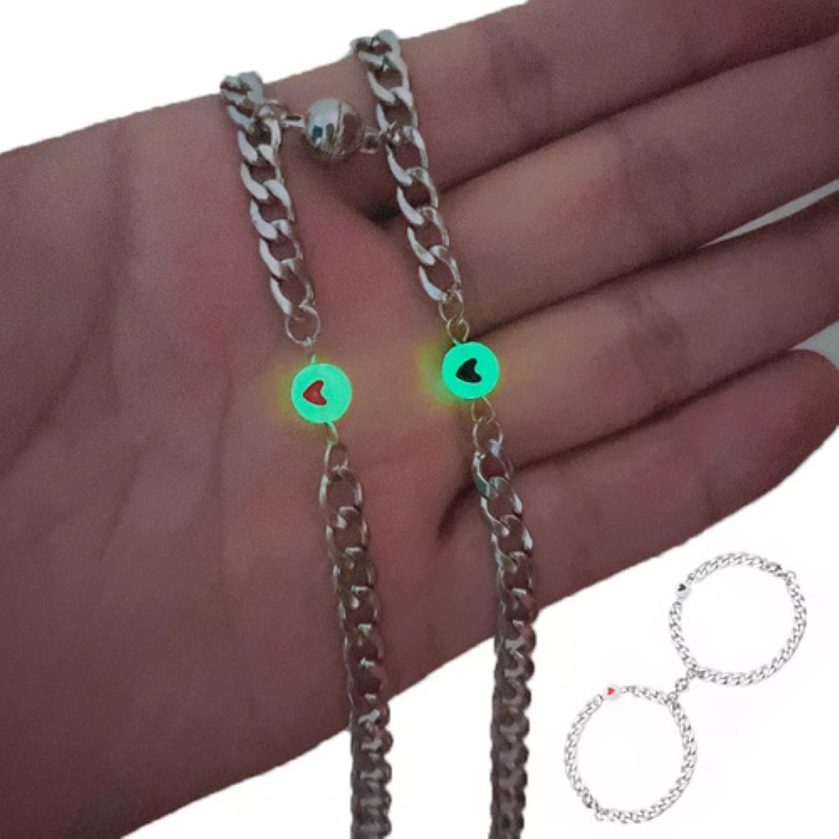 Set 2 Pulseras Para Parejas Inoxidable Imán Brilla Oscuridad plata 