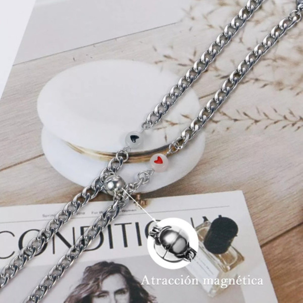Set 2 Pulseras Para Parejas Inoxidable Imán Brilla Oscuridad plata 