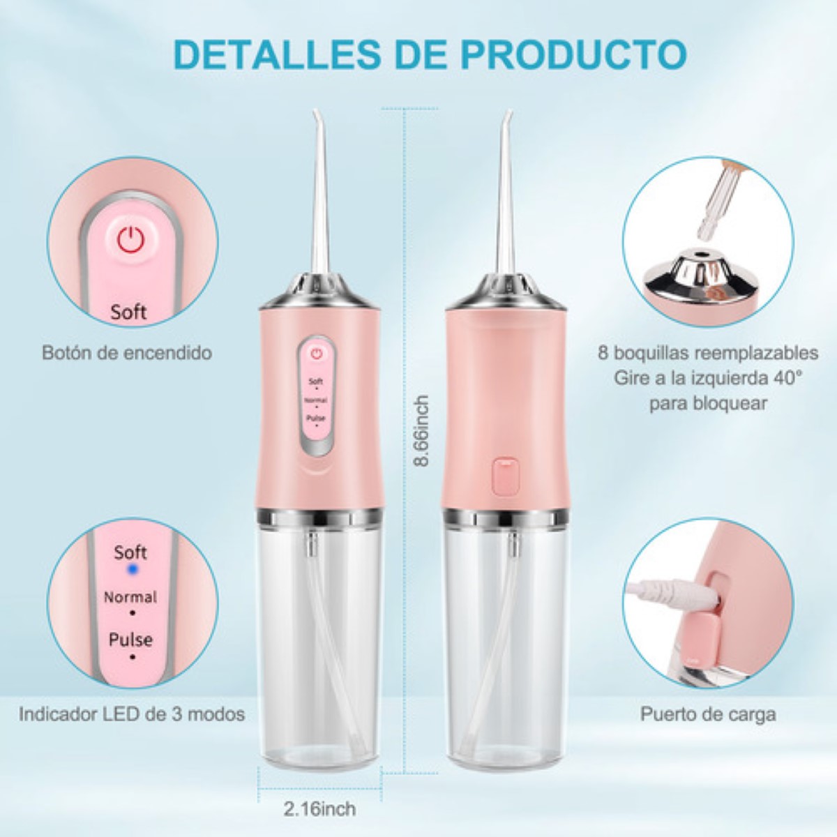Irrigador Bucal Limpiador Dientes Eléctrico Con 8 Boquillas rosa