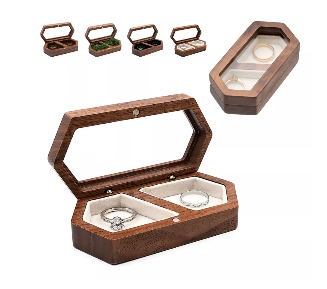 Caja De Anillo Blanca Wünd Doble De Madera De Compromiso Transparente