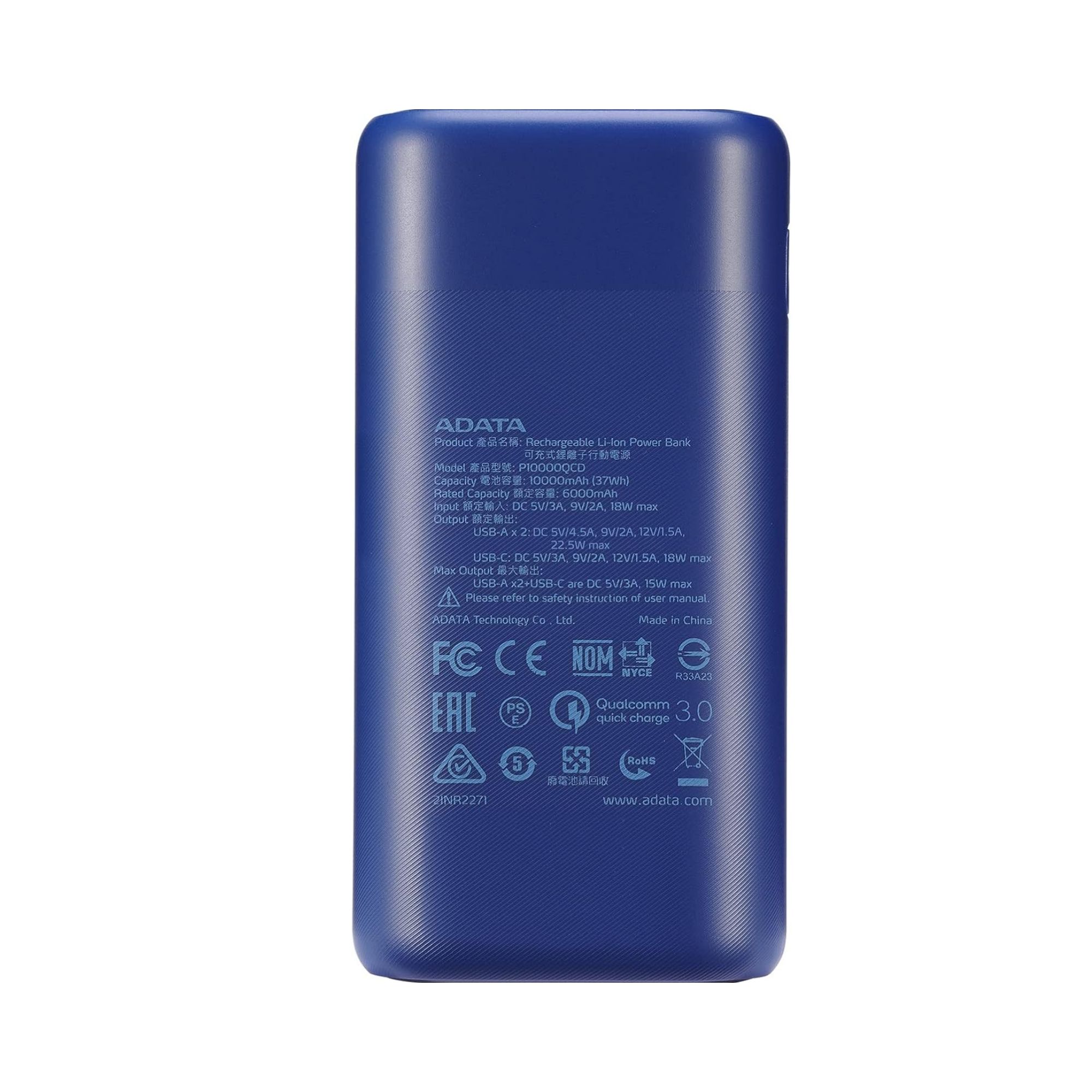 Batería Portátil Adata P10000QCD de 10,000 mAh, USB-A, USB-C, Azul