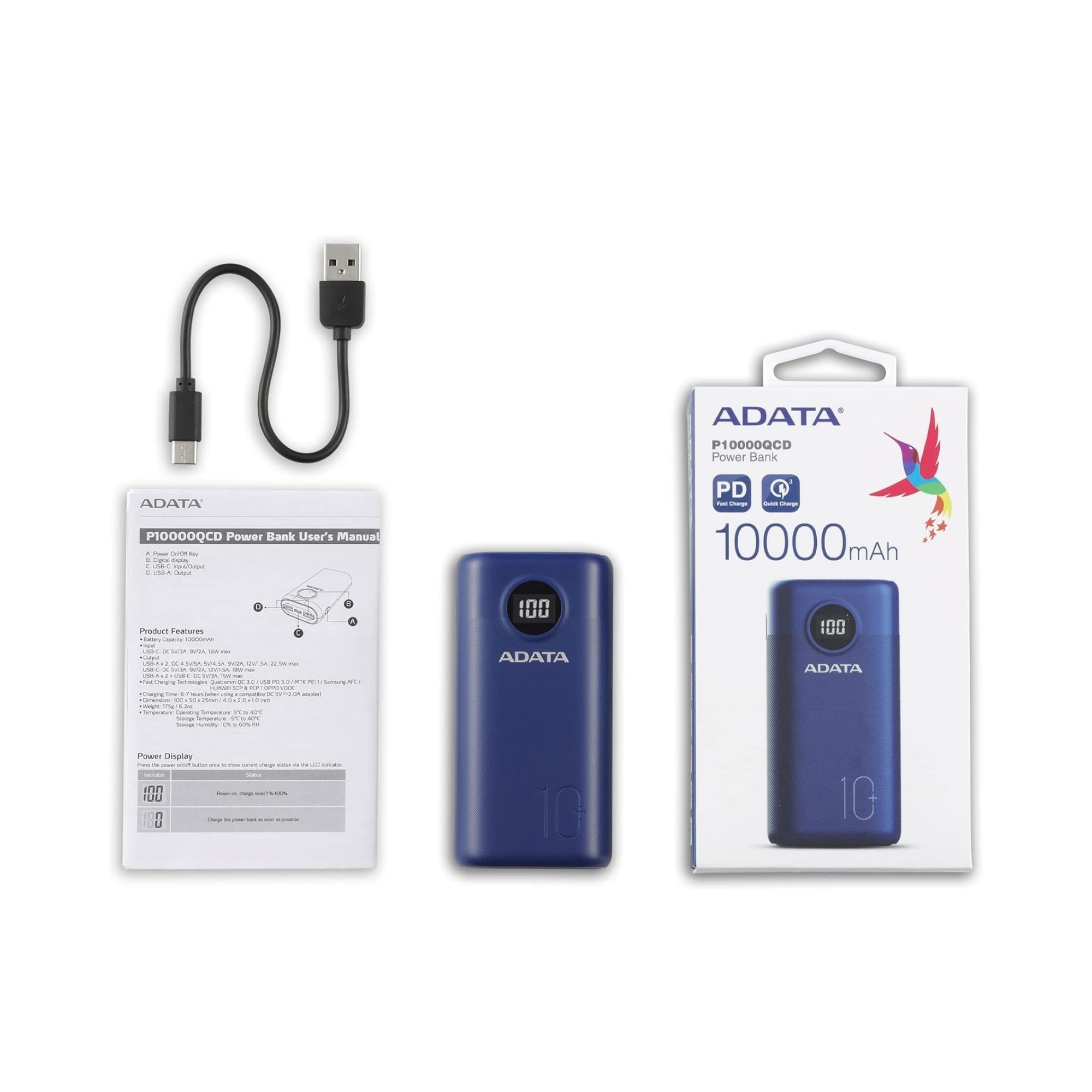 Batería Portátil Adata P10000QCD de 10,000 mAh, USB-A, USB-C, Azul