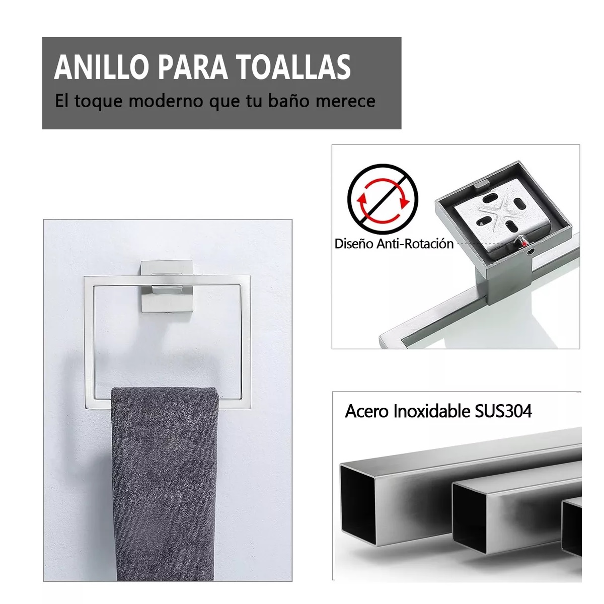 Set De 5 Toallero Cuadrado Juego De Accesorios De Baño Cromo