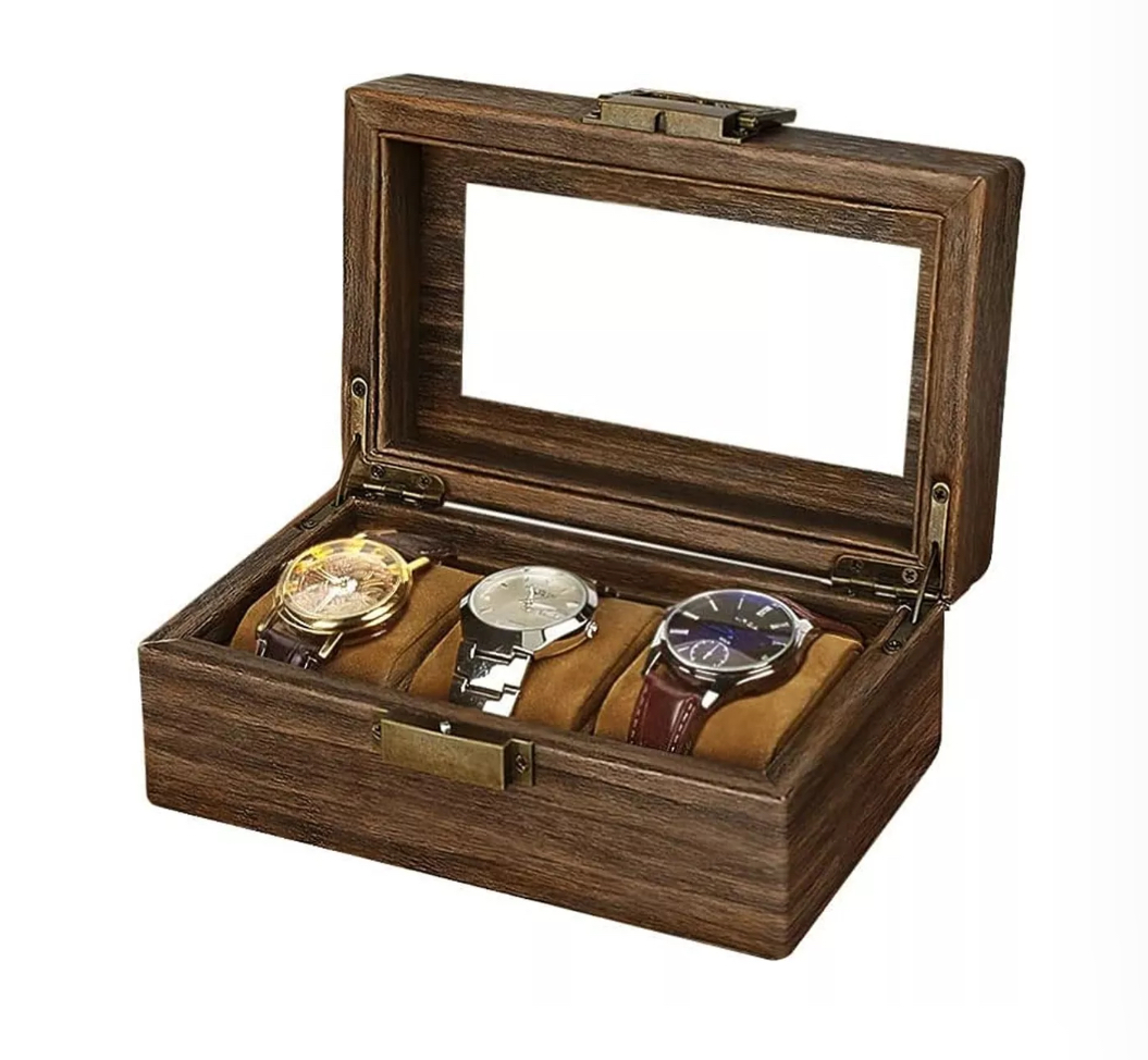 Caja Organizadora Madera Nogal Vintage Y Vidrio Para Relojes