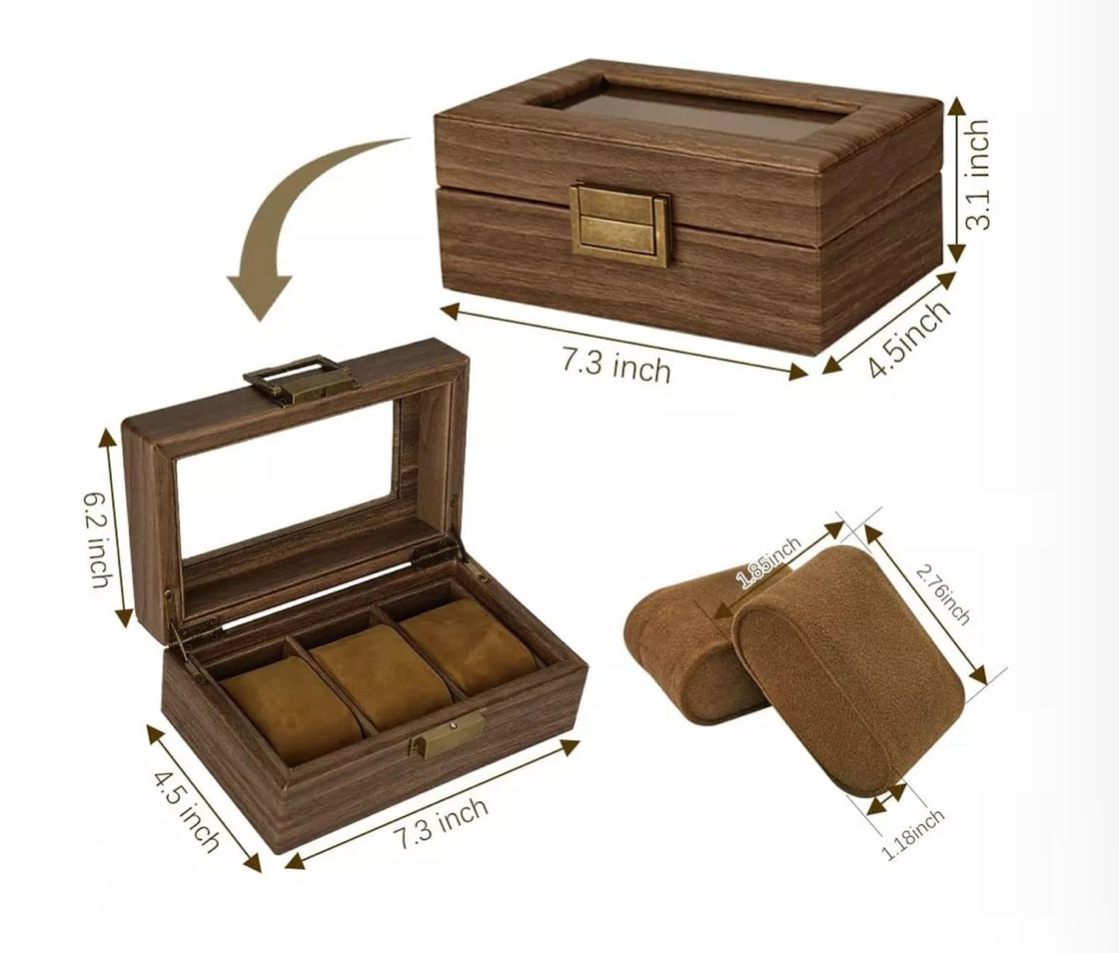 Caja Organizadora Madera Nogal Vintage Y Vidrio Para Relojes