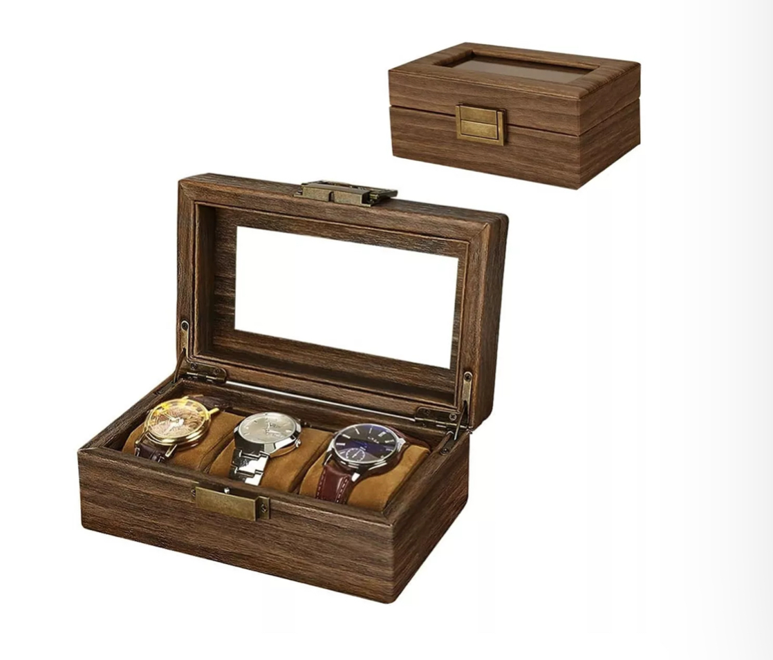 Caja Organizadora Madera Nogal Vintage Y Vidrio Para Relojes