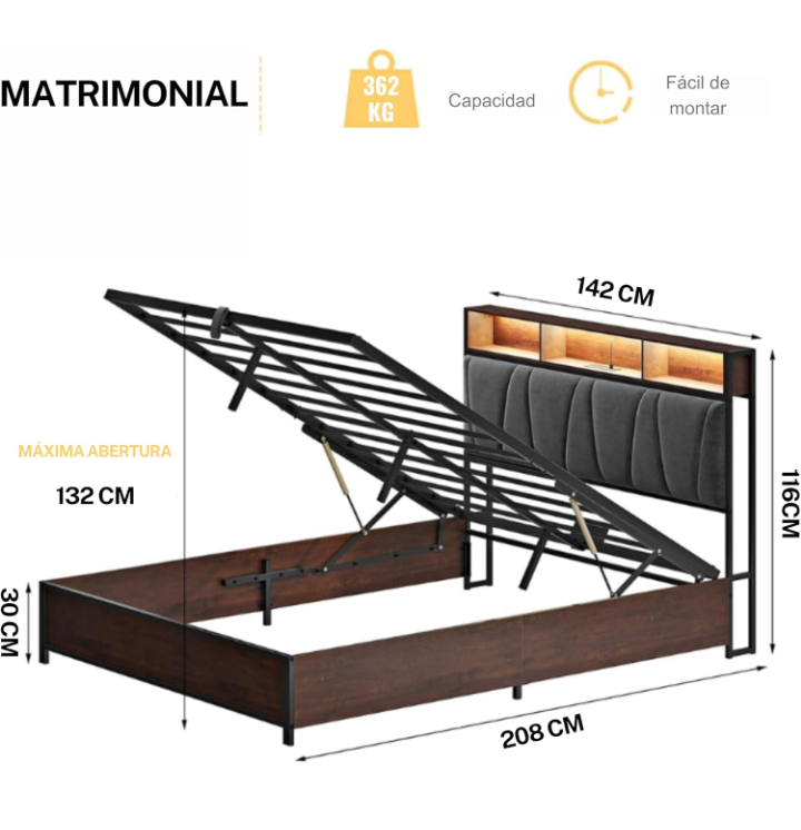 Base con cabecera cama matrimonial de elevación almacenaje luces LED 